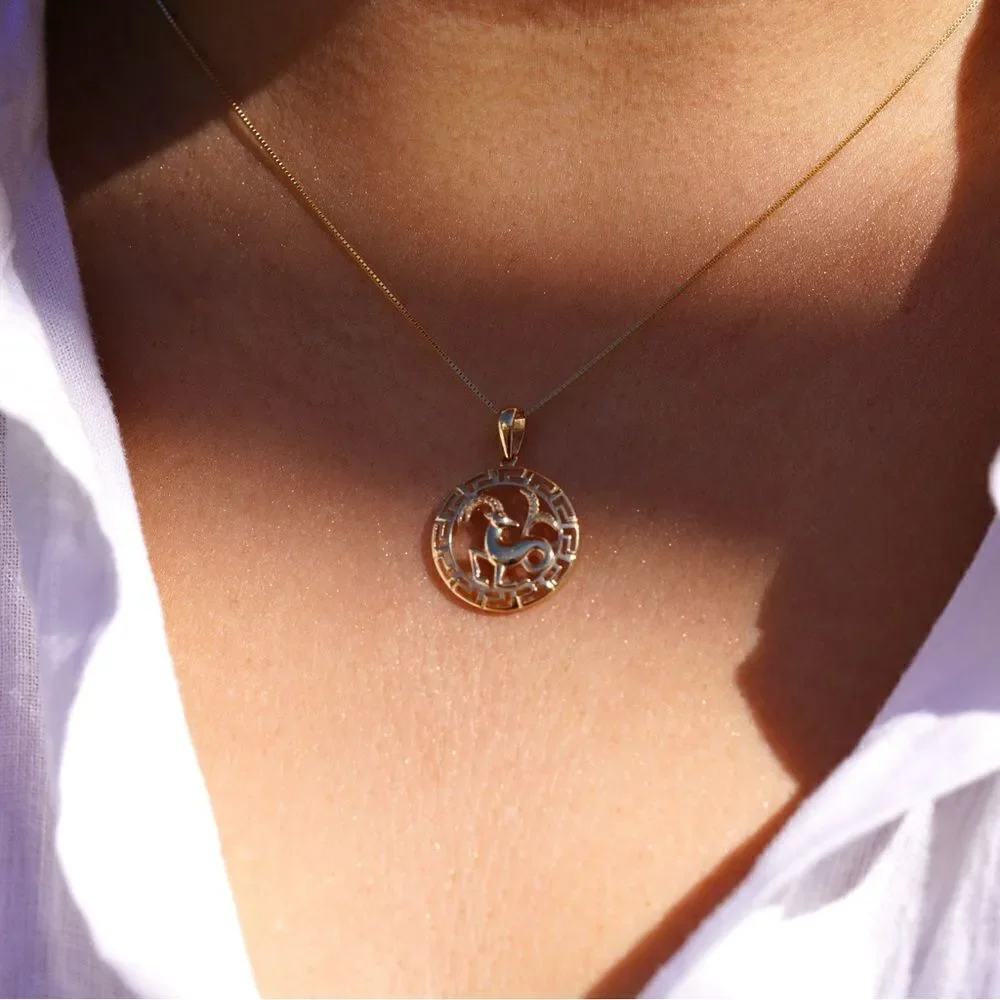 14K Solid Gold Round Capricorn Zodiac Sign Charm | Elegant Astrology Pendant |